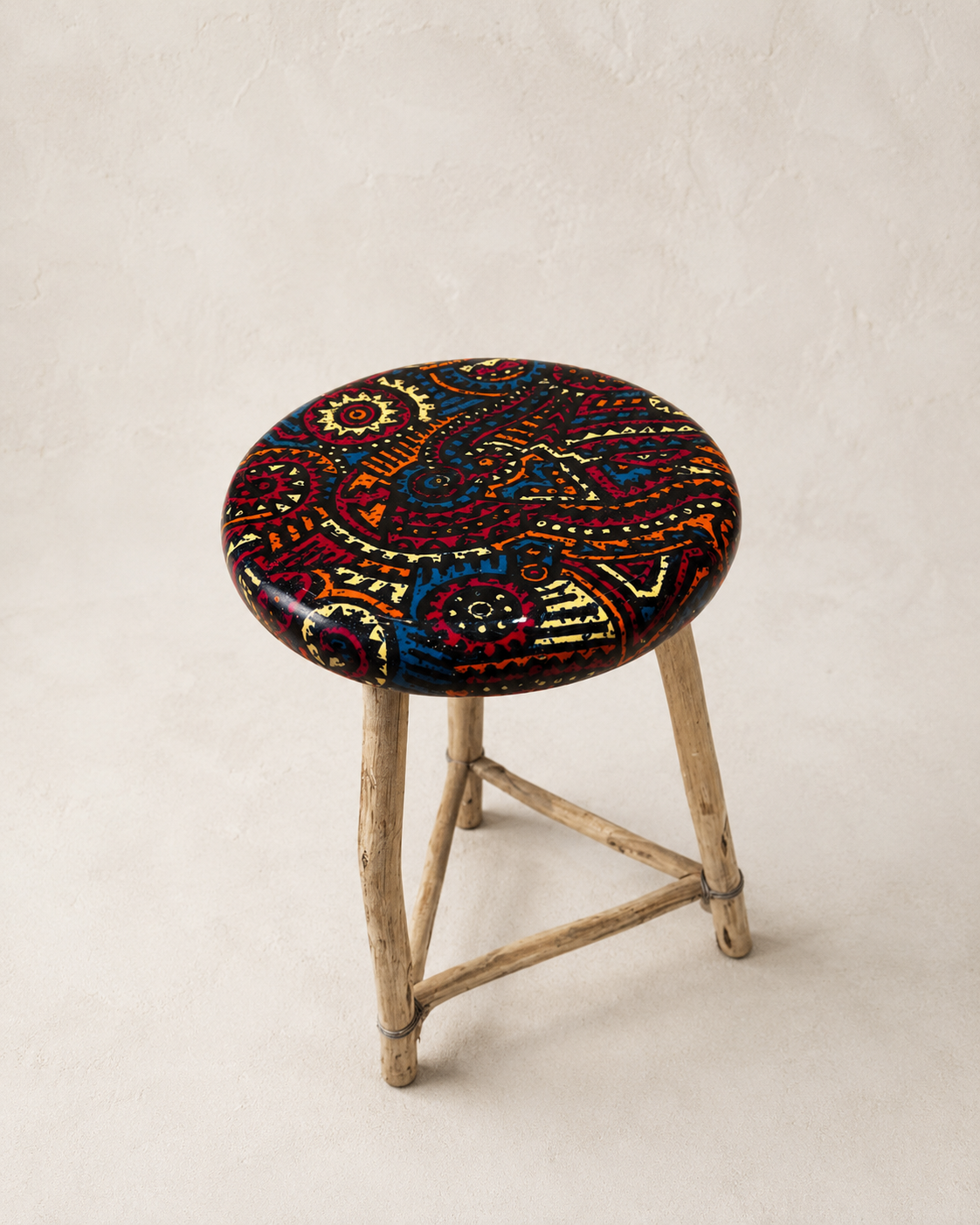 Handmade short resin stool with Blue cog ankara fabric seat and wooden legs — Mopti Living