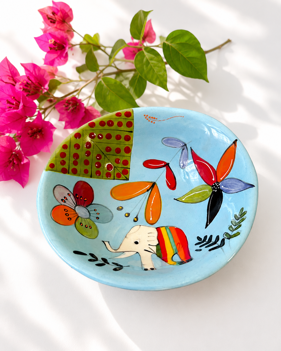 Handpainted ceramic bowl in blue elephant design — African animal motif, everyday size | Mopti Living