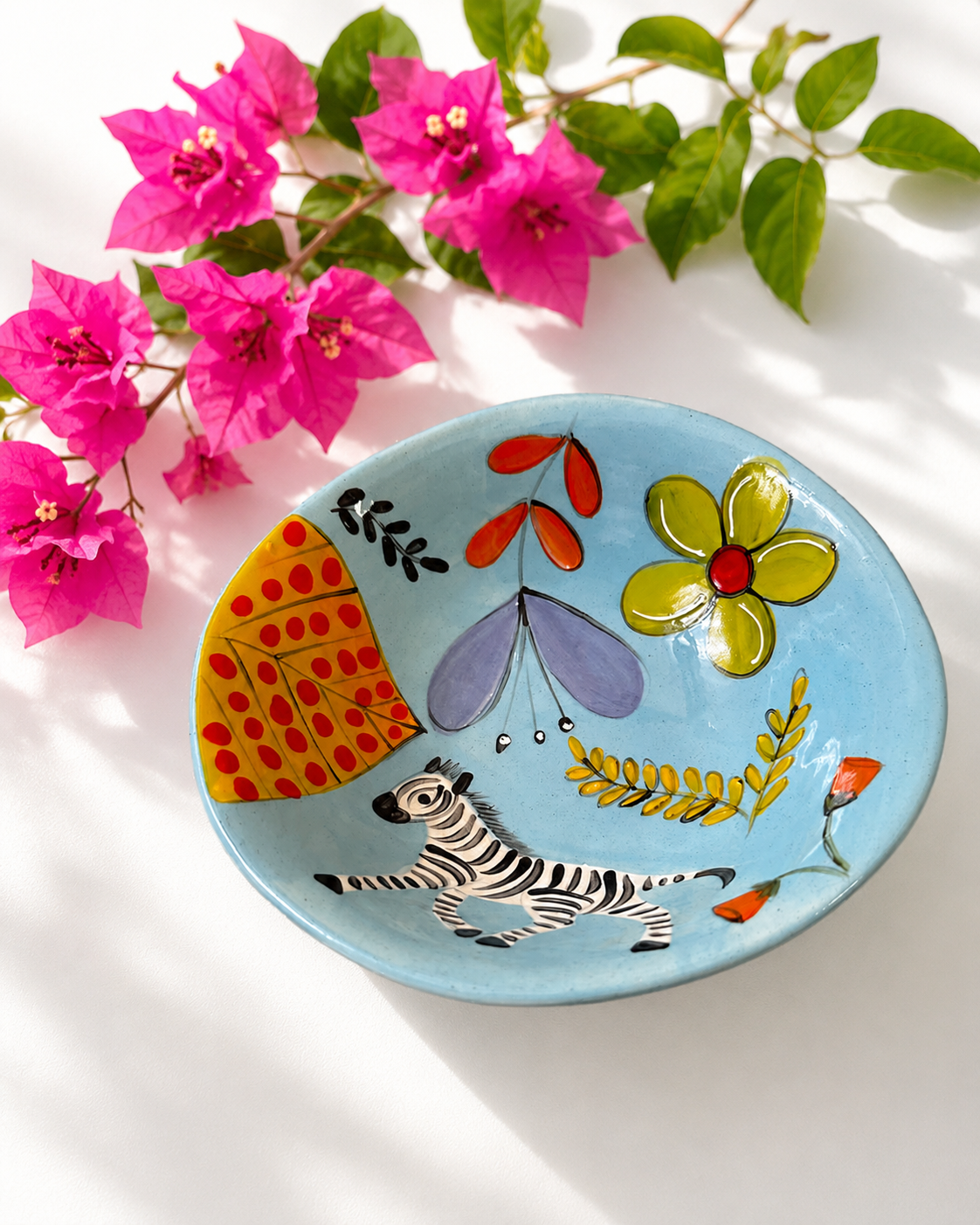Handpainted ceramic bowl in blue zebra design — African animal motif, everyday size | Mopti Living