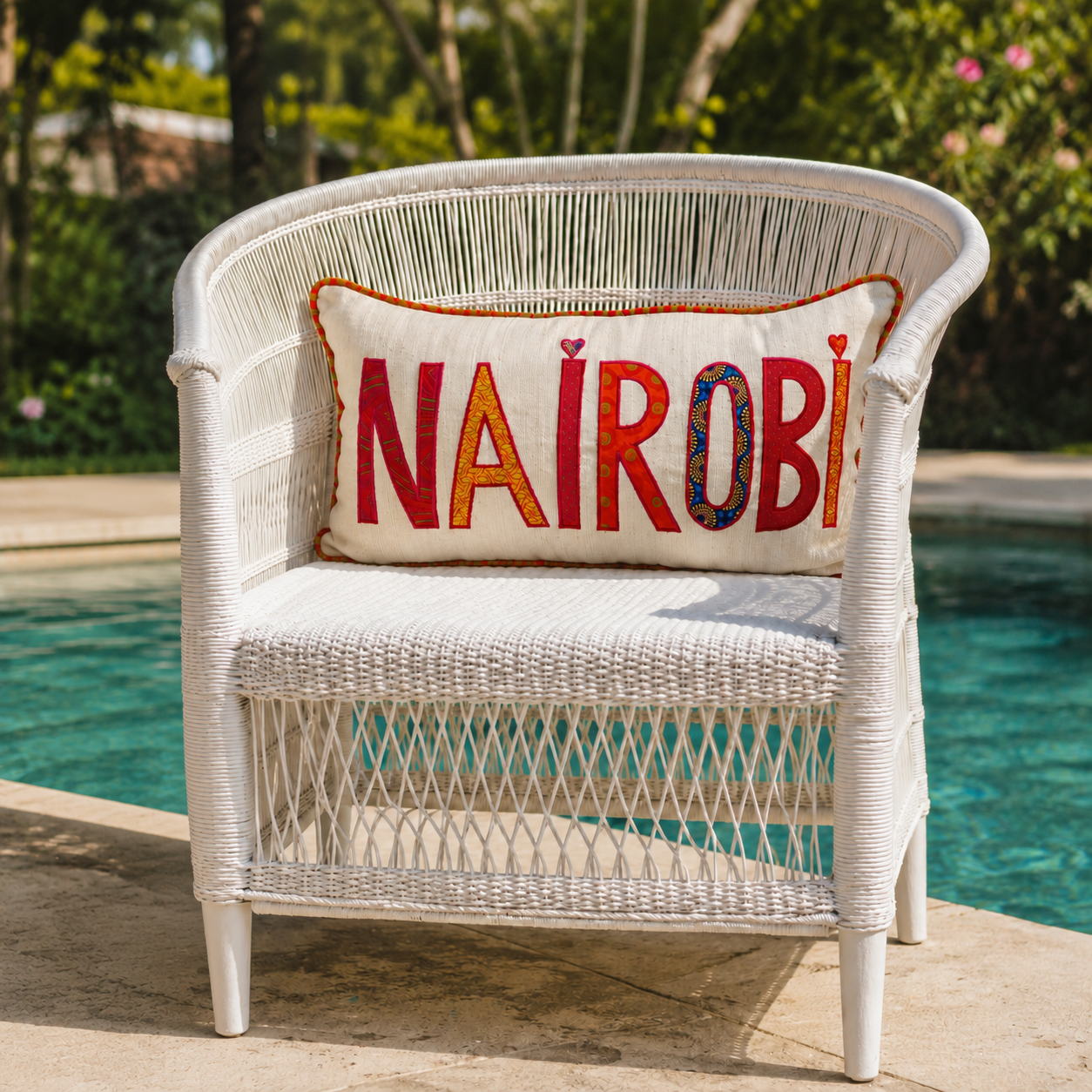 Nairobi Bogolan cushion cover styled on a Malawi chair — artisanal African homeware by Mopti Living