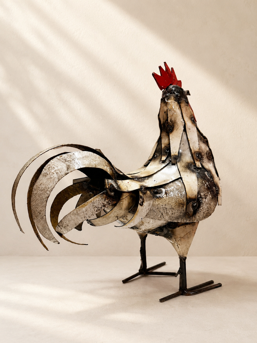 Handmade recycled metal rooster sculpture with layered panels, red comb and rustic white finish — Mopti Living