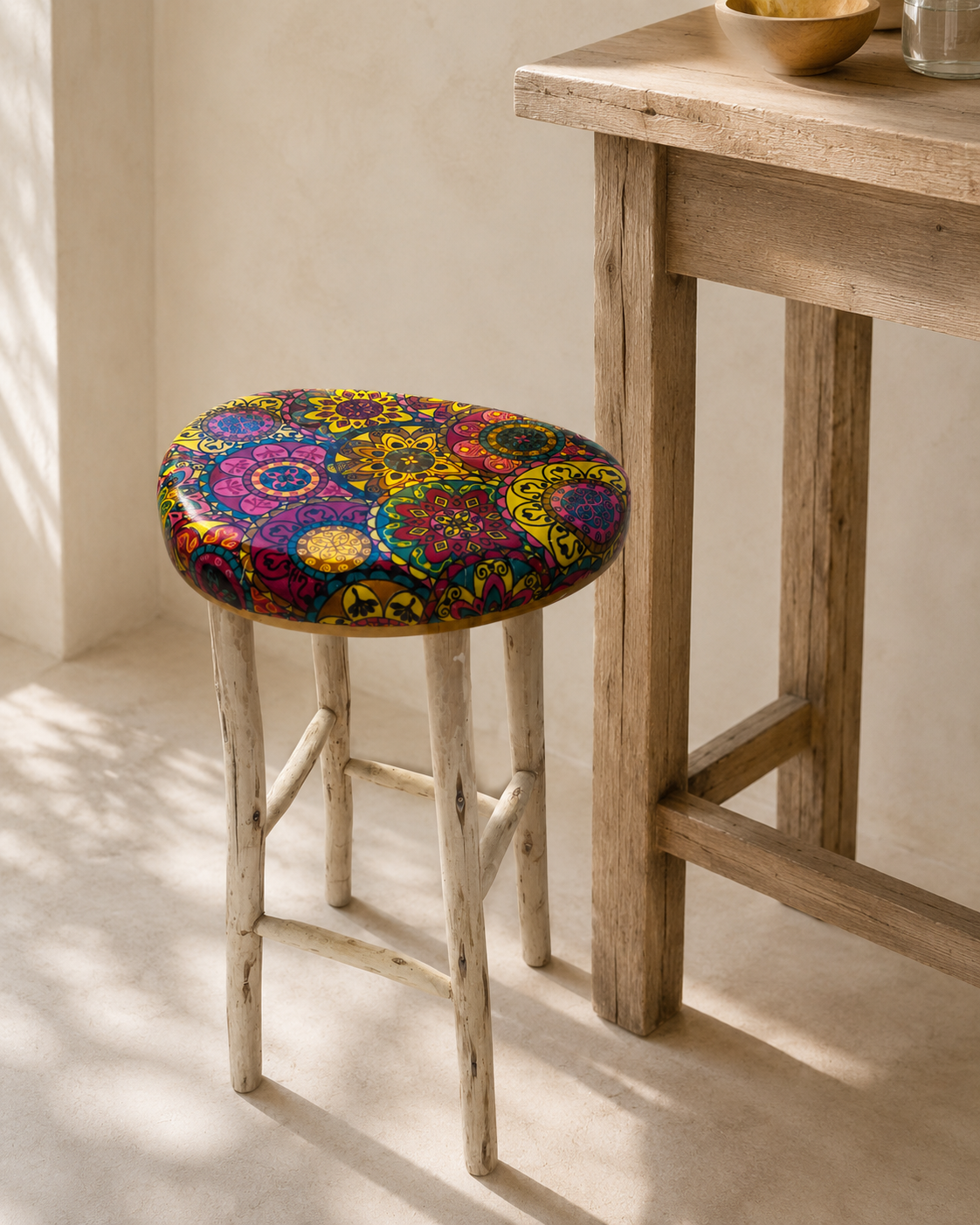Handmade resin stool upholstered in Starburst ankara wax print, vivid colour and bold pattern — Mopti Living