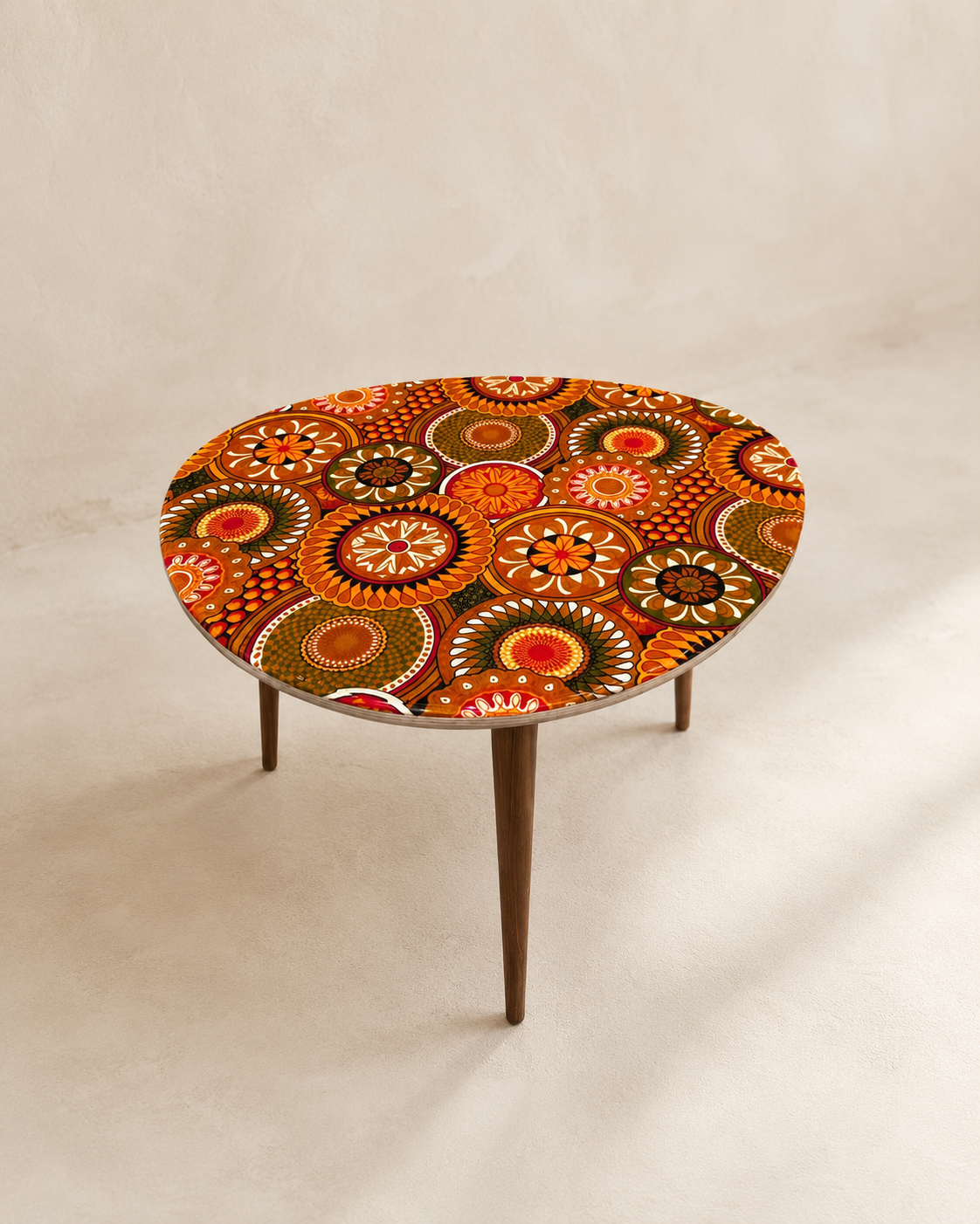 Handmade large resin side table with Sunshine ankara fabric top and wooden legs — Mopti Living