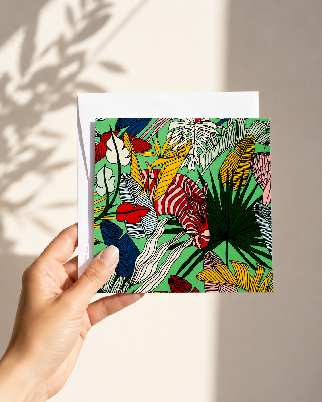 Blank note card – Zebra on Green illustrated design, 15x15cm with white envelope | Mopti Living