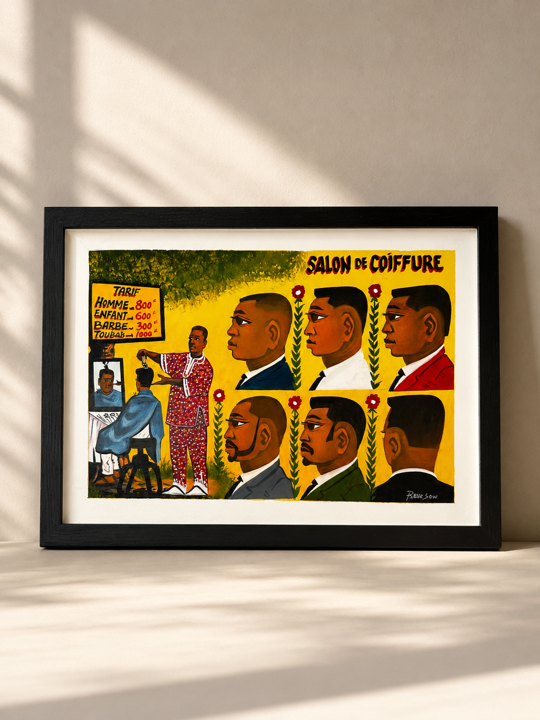 Hand-painted wood panel of a Senegalese barbershop scene with price board, barber, and clients in profile — Dakar Street Painting by Mopti Living
