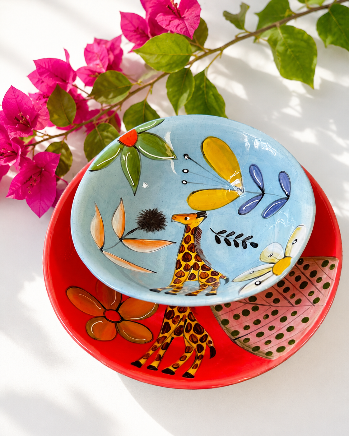 Handpainted ceramic bowl in blue giraffe design — African animal motif, everyday size | Mopti Living