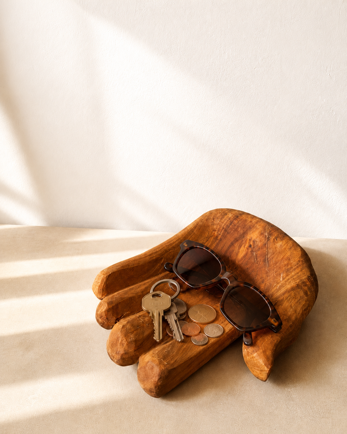 Closed wooden hand with items. Available at Mopti Living
