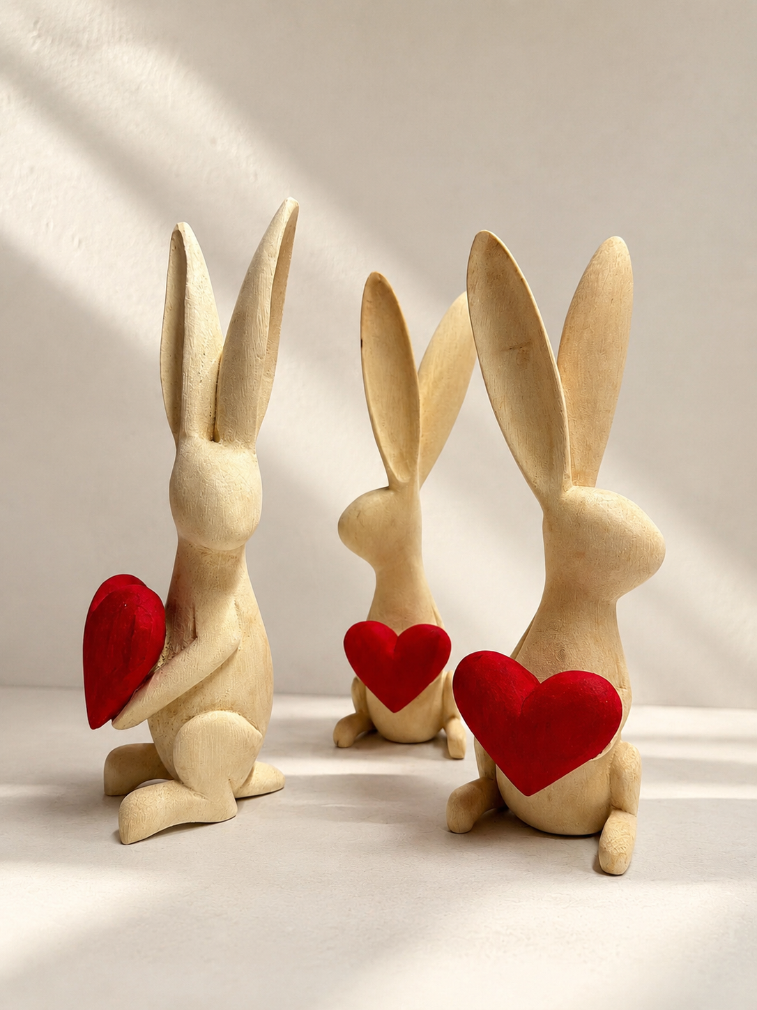 Hand-carved wooden bunny sculpture with tall ears and a red heart, natural wood finish — Mopti Living