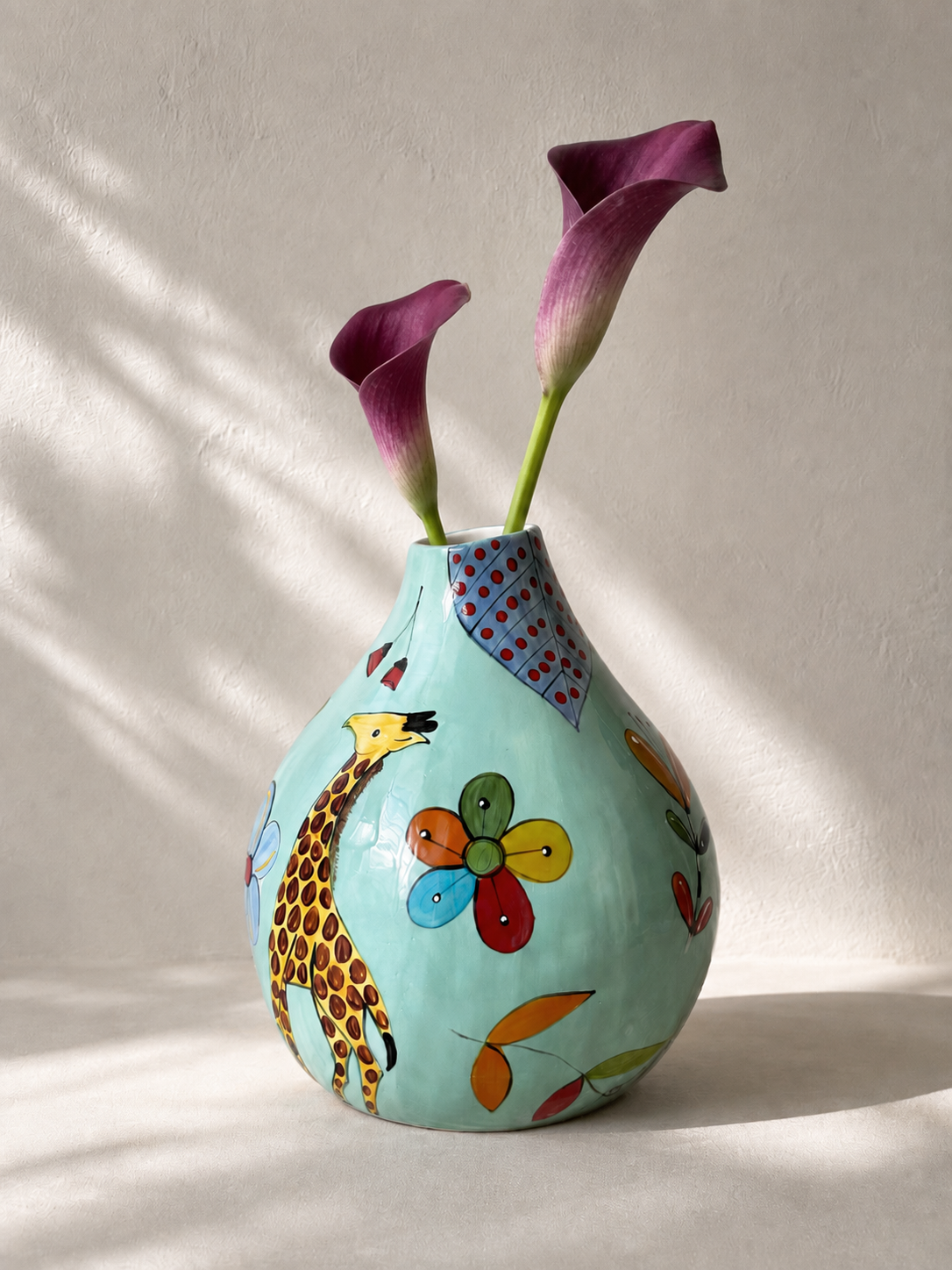 Hand-painted ceramic calabash vessel with bold painted panels and graphic markings — Mopti Living
