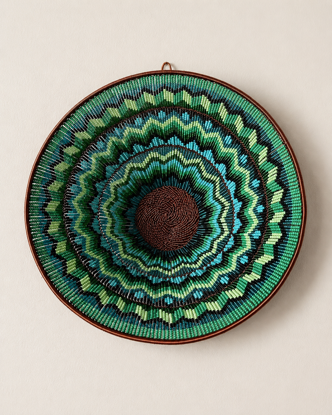 Hand-beaded bowl on copper wire frame with concentric zigzag bead pattern — Mopti Living