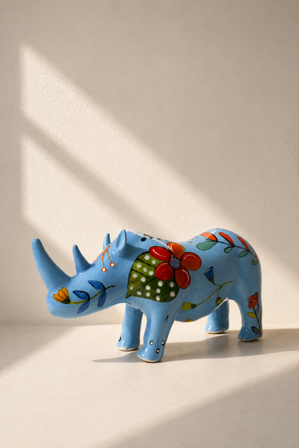 Hand-painted ceramic rhino sculpture in glossy sky blue with floral motifs — Mopti Living