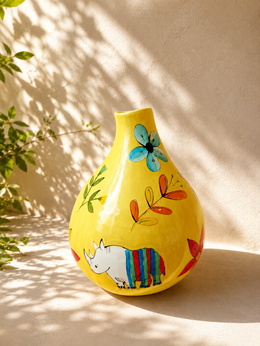 Hand-painted ceramic calabash vessel with bold painted panels and graphic markings — Mopti Living