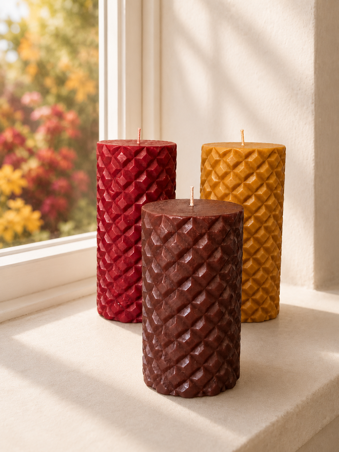 Mayan pillar candles in Ochre, Burgundy and brown – carved diamond pattern, grouped on a windowsill | Mopti Living