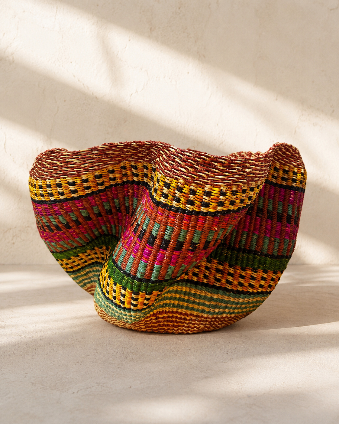 Handwoven elephant grass basket with wavy scalloped rim in multicolour stripes of magenta, yellow, green and rust — Pakurigo Wave Basket PW02 by Mopti Living