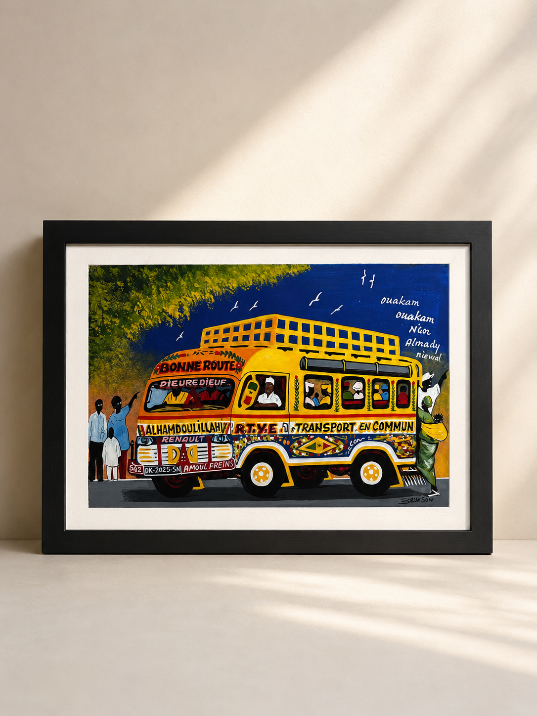 Hand-painted wood panel of a Dakar car rapide bus with figures and street detail — Dakar Street Painting by Mopti Living