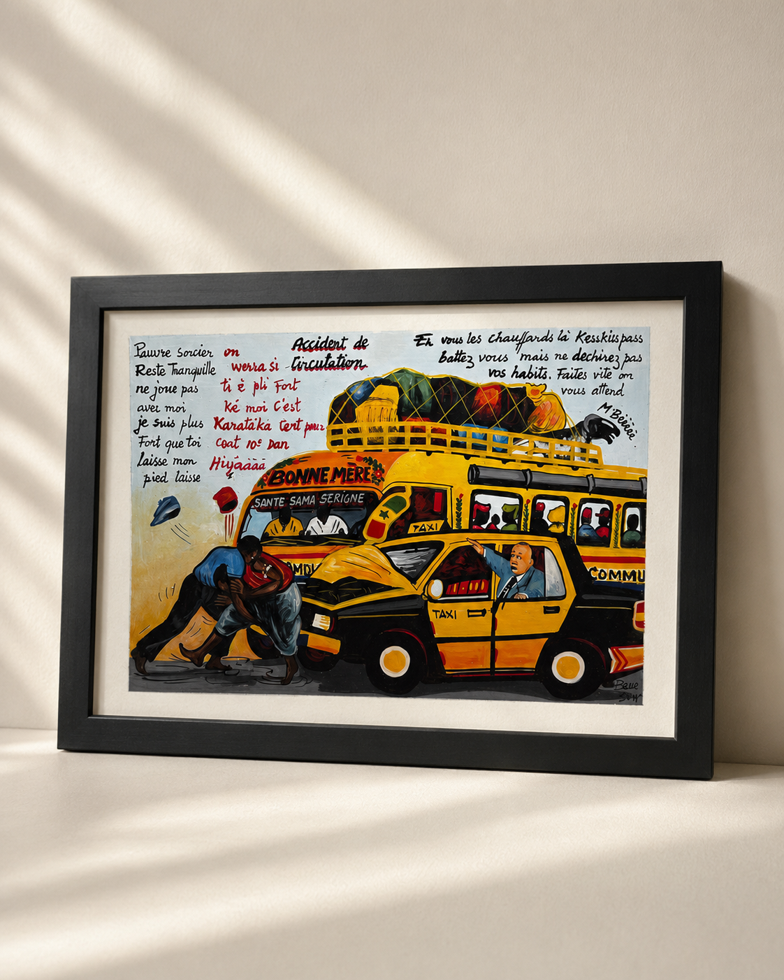 Hand-painted wood panel of a Dakar car rapide bus with figures and street detail — Dakar Street Painting by Mopti Living