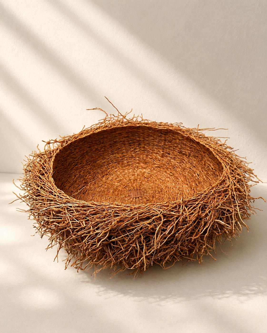 Handwoven vetiver root basket bowl, large, with natural loose root edge — Vetiver Nest Basket by Mopti Living