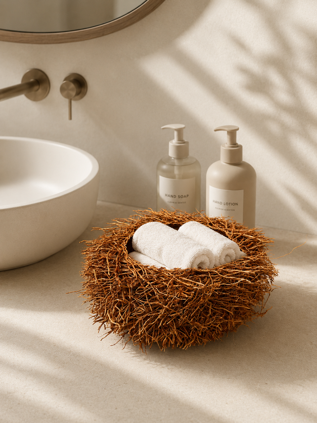 Handwoven vetiver root basket bowl, small, with natural loose root edge — Vetiver Nest Basket by Mopti Living