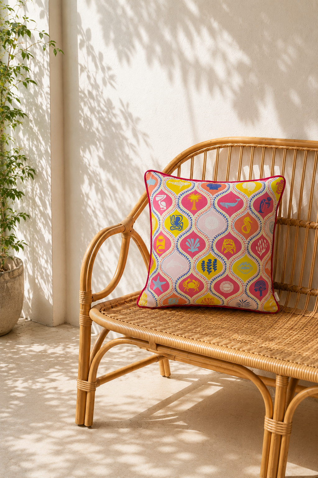 ALS cushion cover in pink with nature-inspired print and contrast piping, 50x50cm — Mopti Living