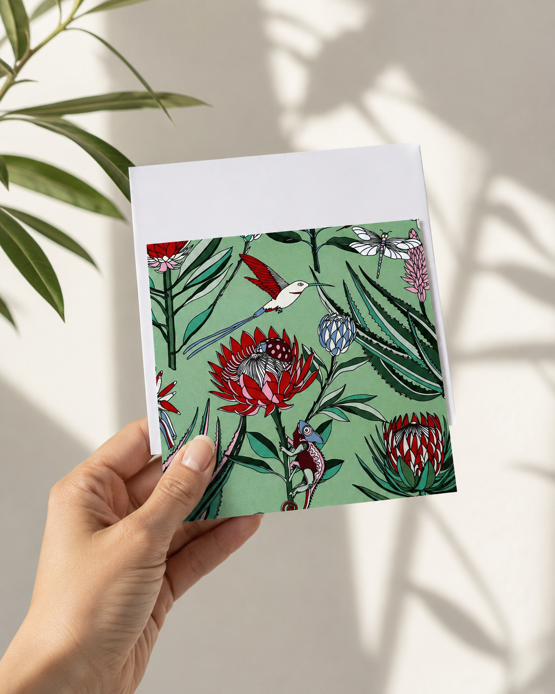 Blank note card – Avo Green illustrated design, 15x15cm with white envelope | Mopti Living