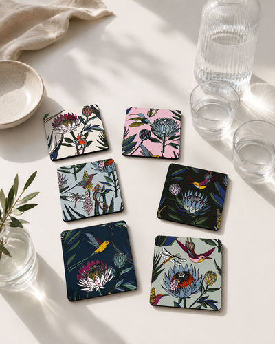 Illustrated coaster set – Bloom floral pattern, set of 6 with cork backing | Mopti Living