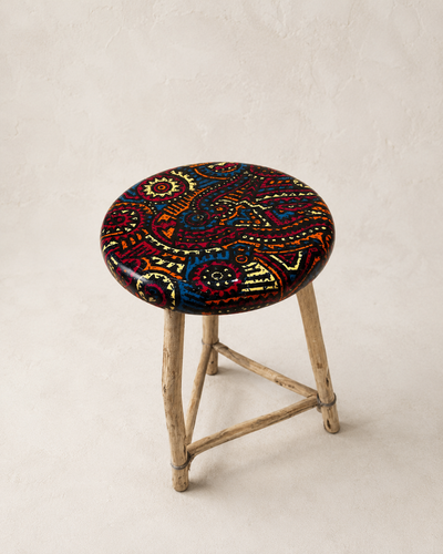 Handmade short resin stool with Blue cog ankara fabric seat and wooden legs — Mopti Living