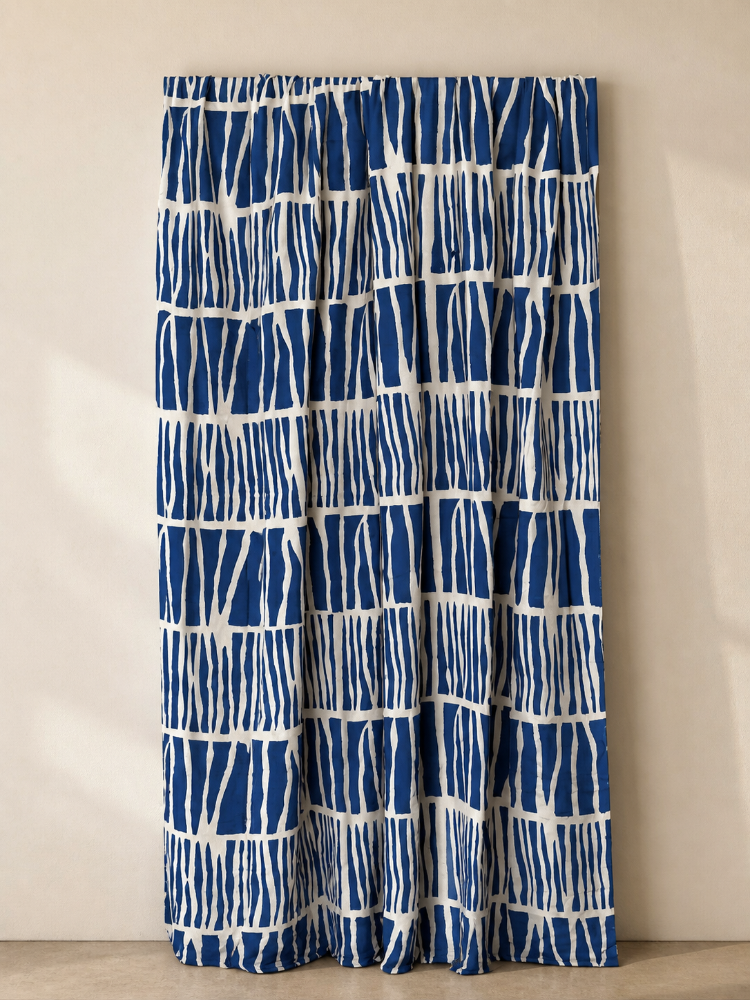 Authentic bogolan mudcloth, blue zebra pattern, handwoven at Le Ndomo, Ségou
