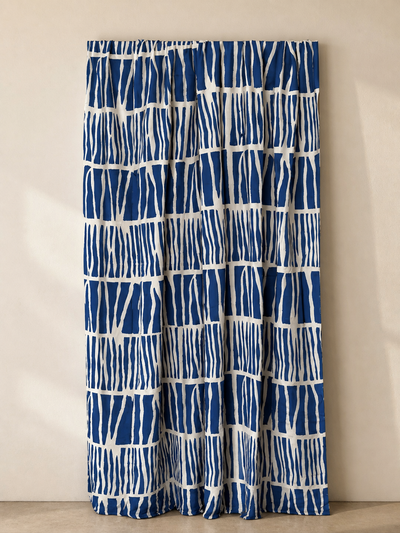 Authentic bogolan mudcloth, blue zebra pattern, handwoven at Le Ndomo, Ségou