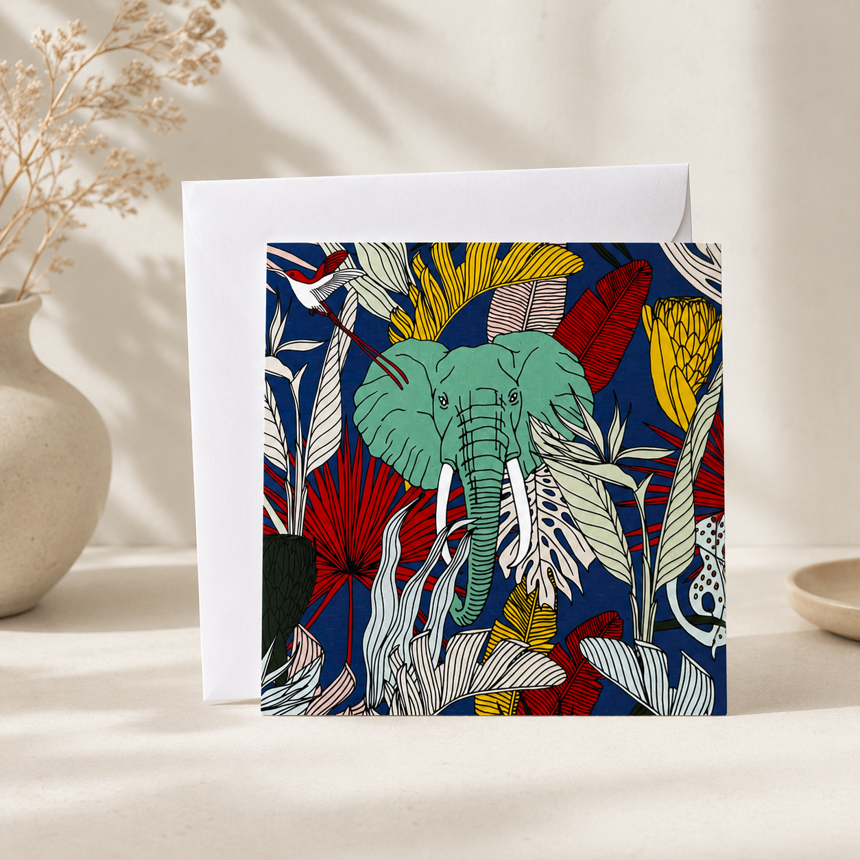 Blank note card – Ele on Blue elephant illustration, 15x15cm with white envelope | Mopti Living