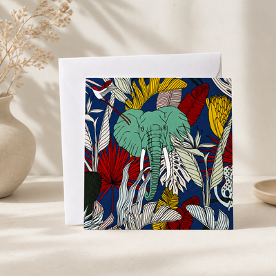 Blank note card – Ele on Blue elephant illustration, 15x15cm with white envelope | Mopti Living