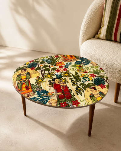 Handmade large resin side table with Frida Kahlo ankara fabric top and wooden legs — Mopti Living