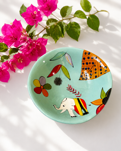 Handpainted ceramic bowl in green elephant design — African animal motif, everyday size | Mopti Living
