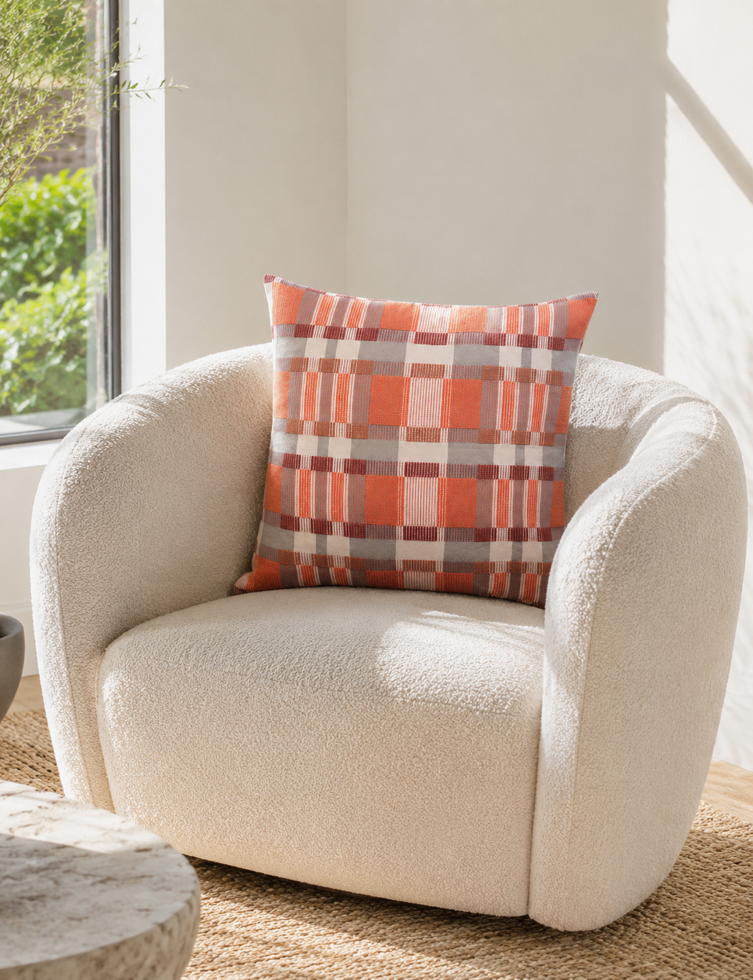 Skipping Block cushion cover in Maypole colourway on an occasional chair — Mopti Living