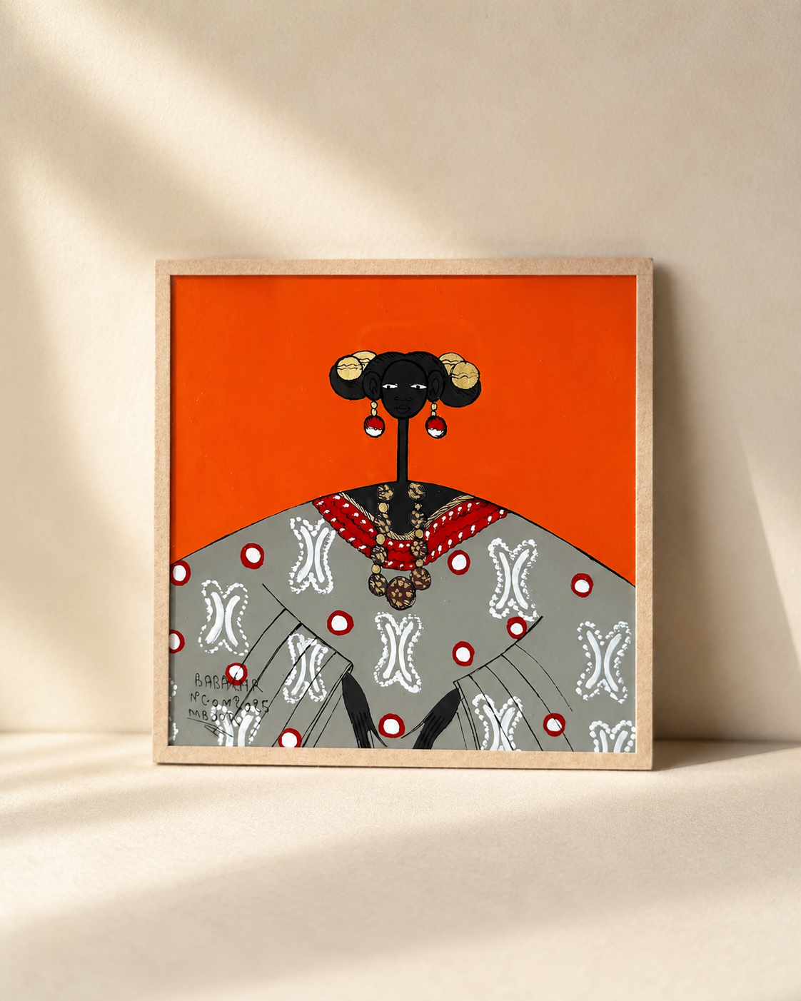 Sous verre reverse glass painting of Mme Ndiaye, bold outline and luminous finish — original by Babacar Ngom, Mopti Living