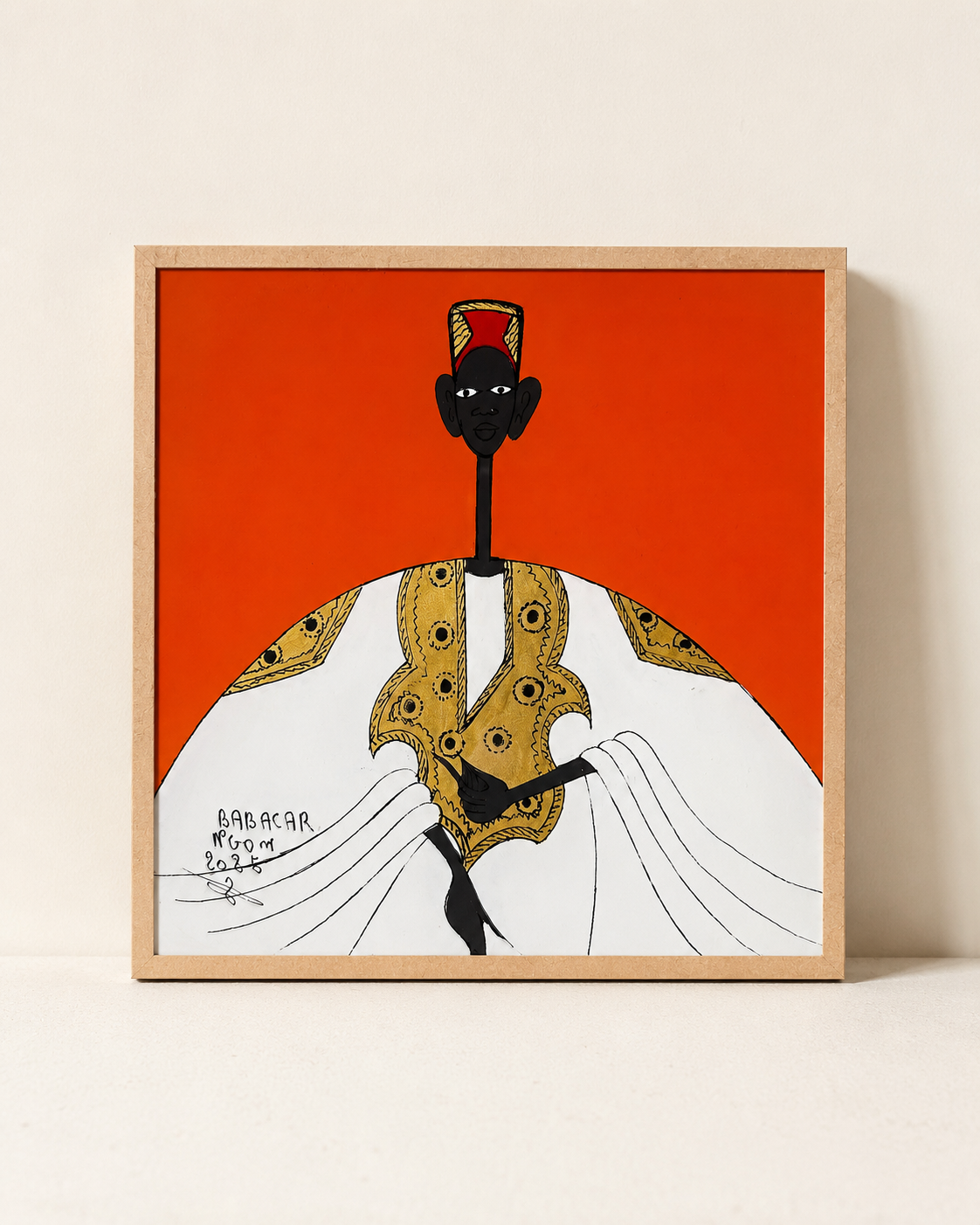 Sous verre reverse glass painting of Monsieur Diop, expressive detail on glass — original by Babacar Ngom, Mopti Living