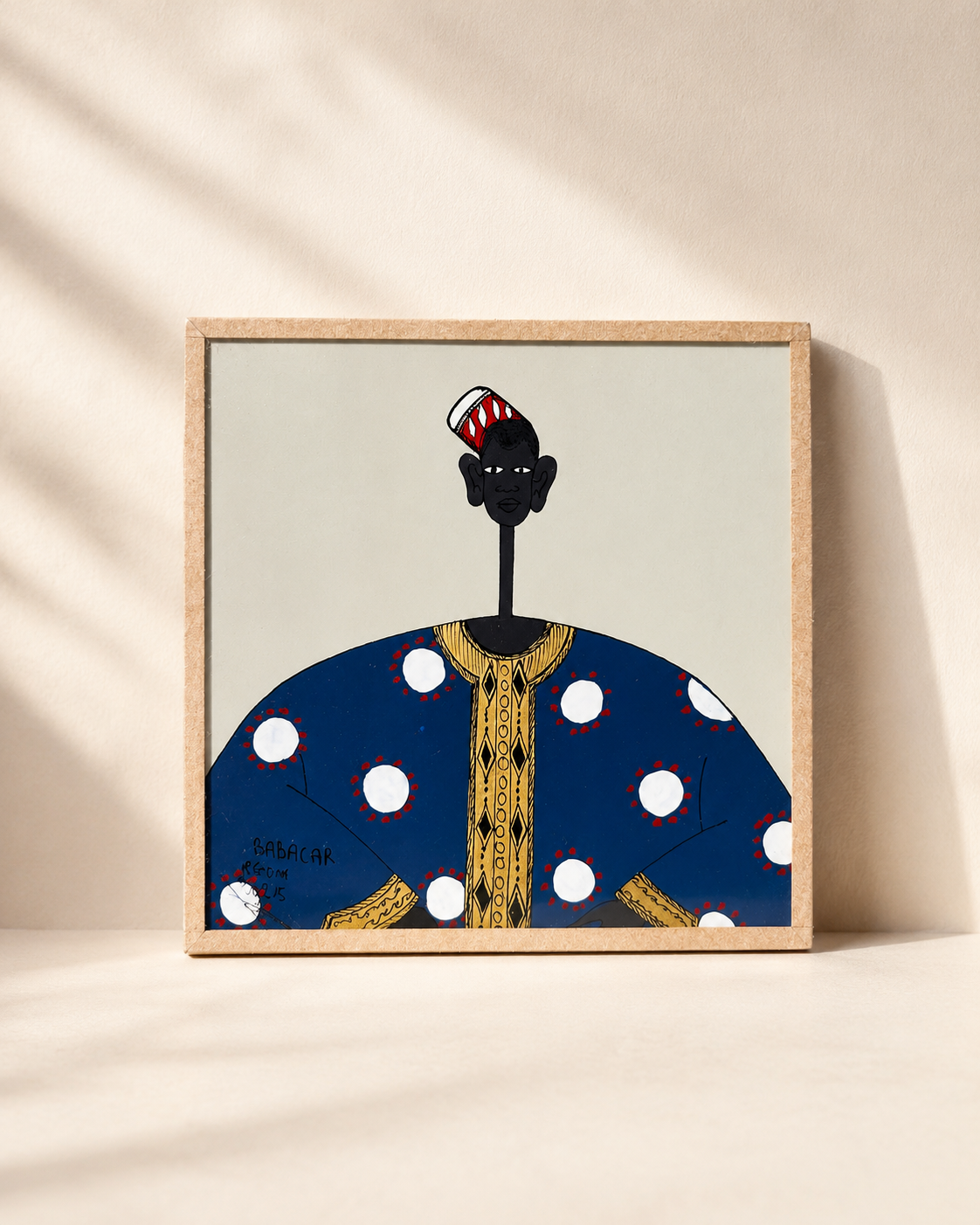 Sous verre reverse glass painting of Monsieur Ndiaye, vivid colour and crisp line — original by Babacar Ngom, Mopti Living