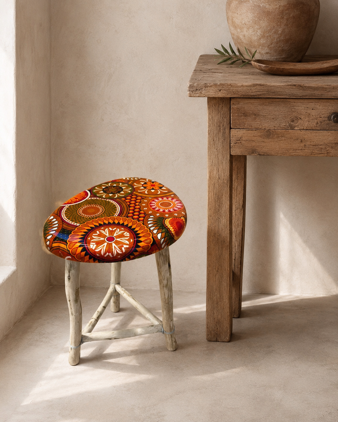 Handmade short resin stool with Orange in bloom ankara fabric seat and wooden legs — Mopti Living
