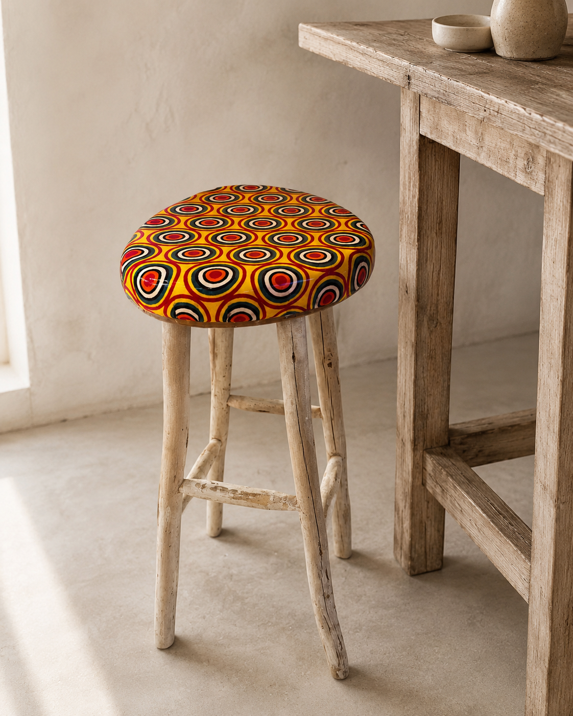 Handmade resin stool upholstered in Popsicle ankara wax print, bold geometric pattern — Mopti Living
