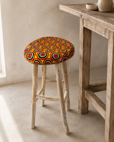 Handmade resin stool upholstered in Popsicle ankara wax print, bold geometric pattern — Mopti Living