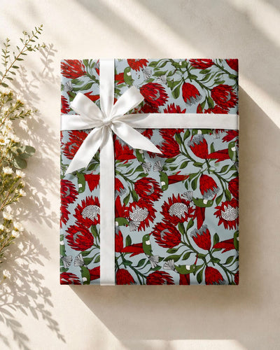 Designer wrapping paper – Protea on blue illustrated pattern by Mopti Living