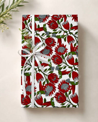 Designer wrapping paper – Protea on white illustrated pattern by Mopti Living