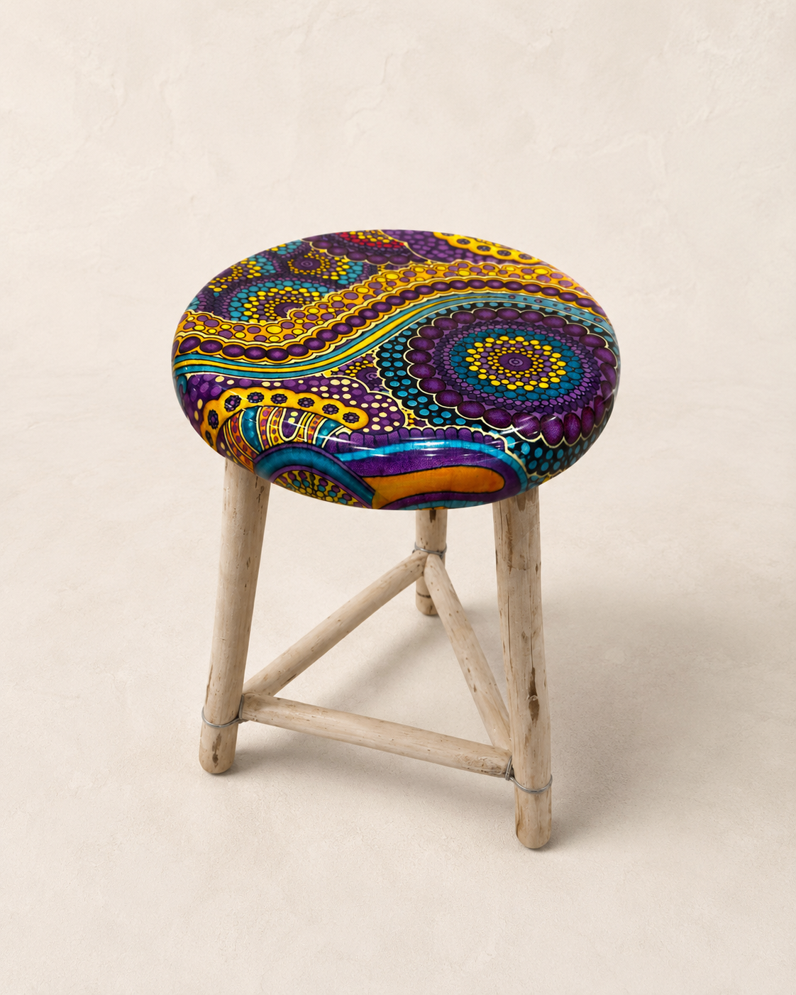 Handmade short resin stool with Purple slush ankara fabric seat and wooden legs — Mopti Living