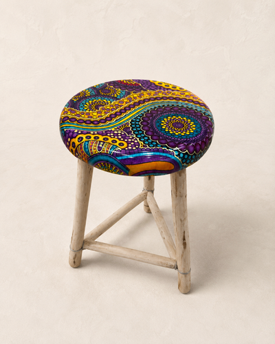 Handmade short resin stool with Purple slush ankara fabric seat and wooden legs — Mopti Living