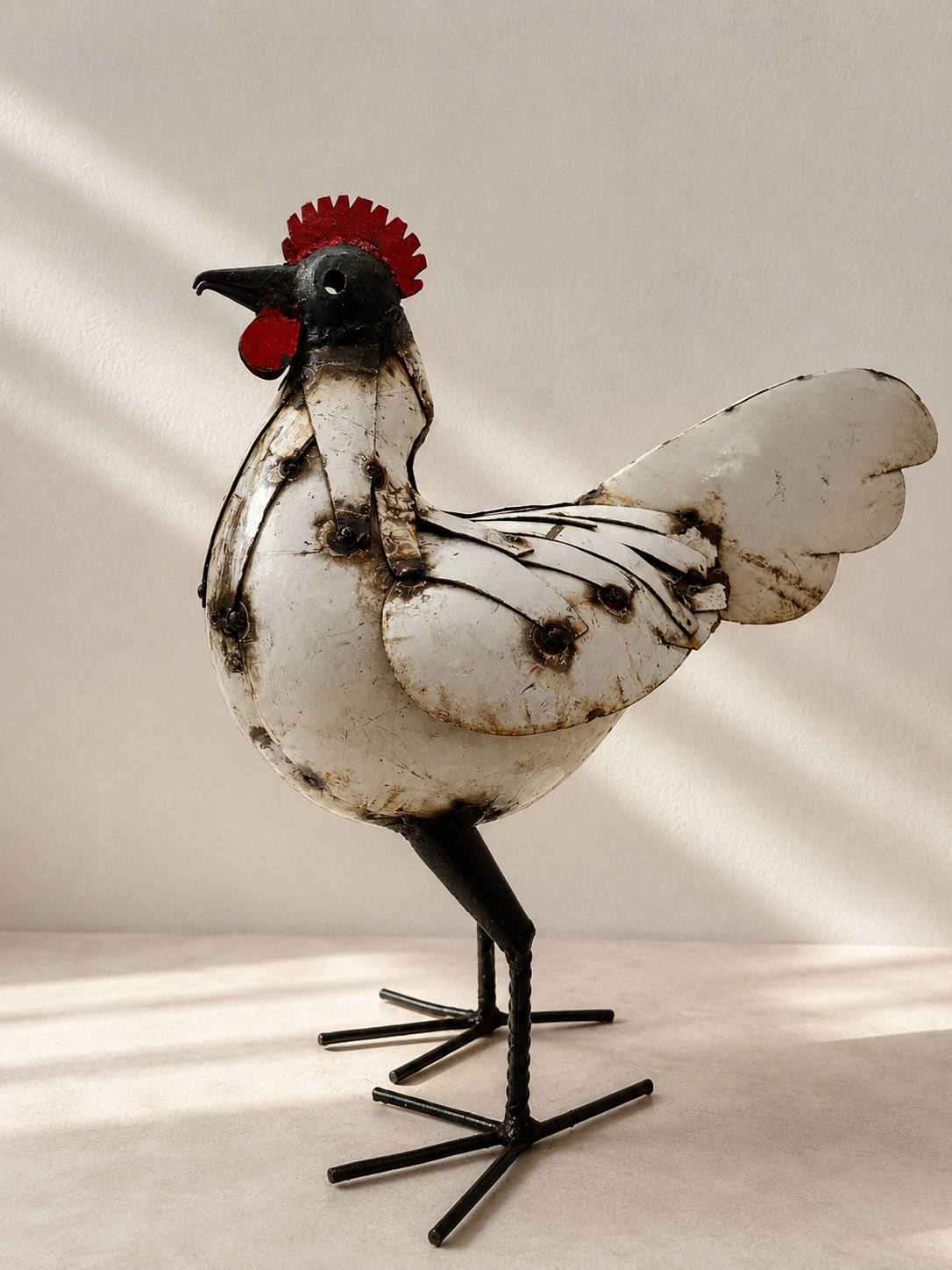 Handmade recycled metal chicken sculpture with layered panels, red comb and rustic white finish — Mopti Living