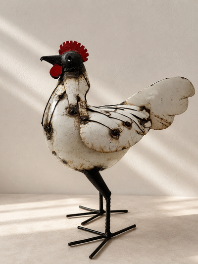 Handmade recycled metal chicken sculpture with layered panels, red comb and rustic white finish — Mopti Living