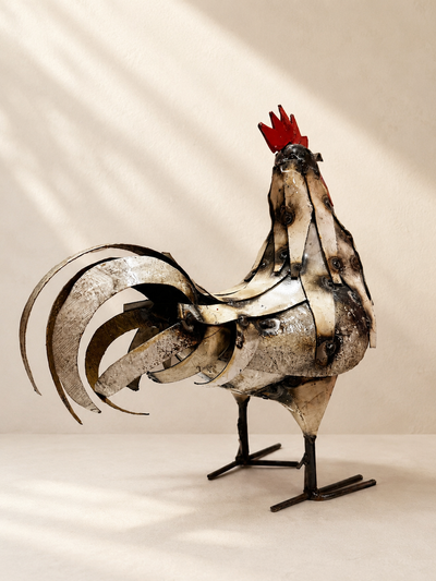 Handmade recycled metal rooster sculpture with layered panels, red comb and rustic white finish — Mopti Living