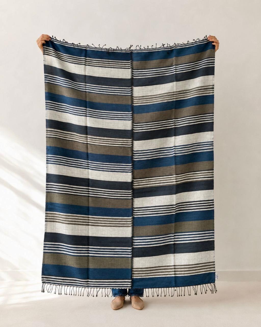 Sitota handwoven Ethiopian cotton throw in blue, charcoal and natural stripes with fringe detail – Mopti Living