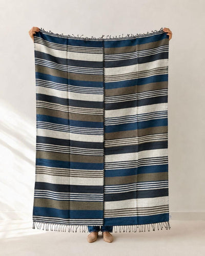 Sitota handwoven Ethiopian cotton throw in blue, charcoal and natural stripes with fringe detail – Mopti Living