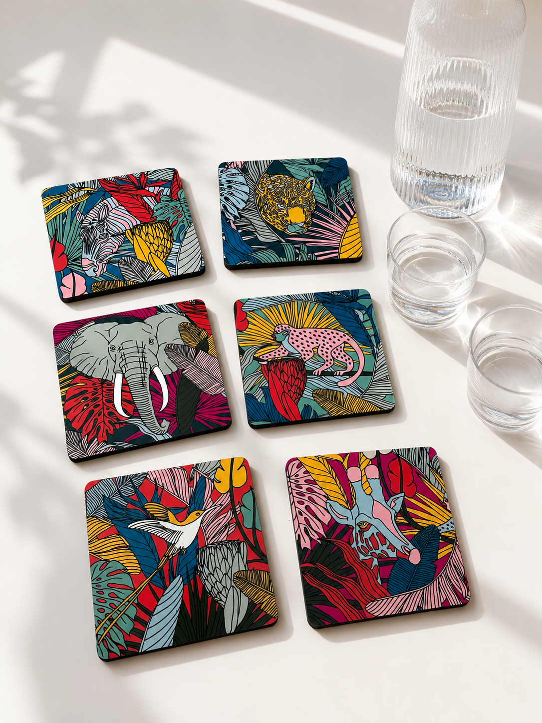 Illustrated coaster set – Wild at Heart botanical pattern, set of 6 with cork backing | Mopti Living