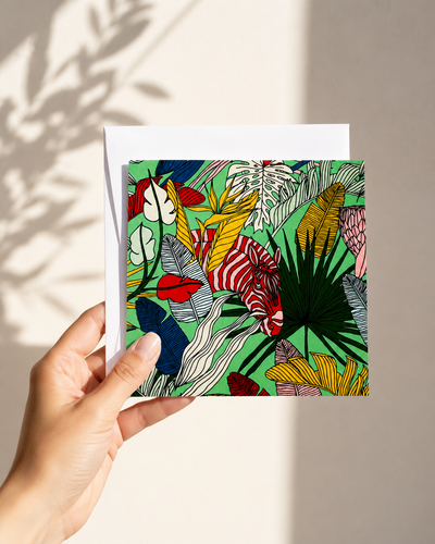 Blank note card – Zebra on Green illustrated design, 15x15cm with white envelope | Mopti Living